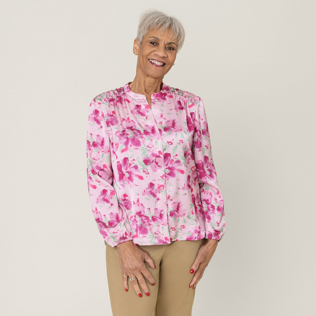 Pink Floral Everyday Magnetic Button Blouse for Women