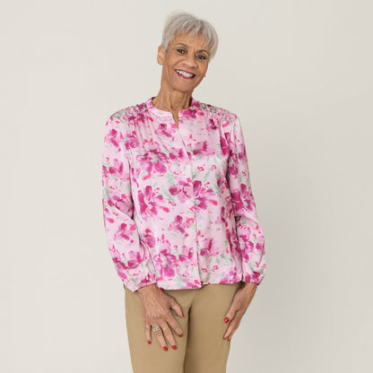 Pink Floral Everyday Magnetic Button Blouse for Women