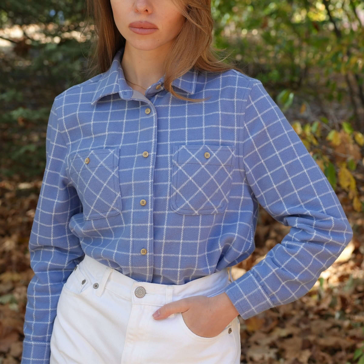 Women’s Adaptive Blue and White Flannel Shirt with Magnetic Closures