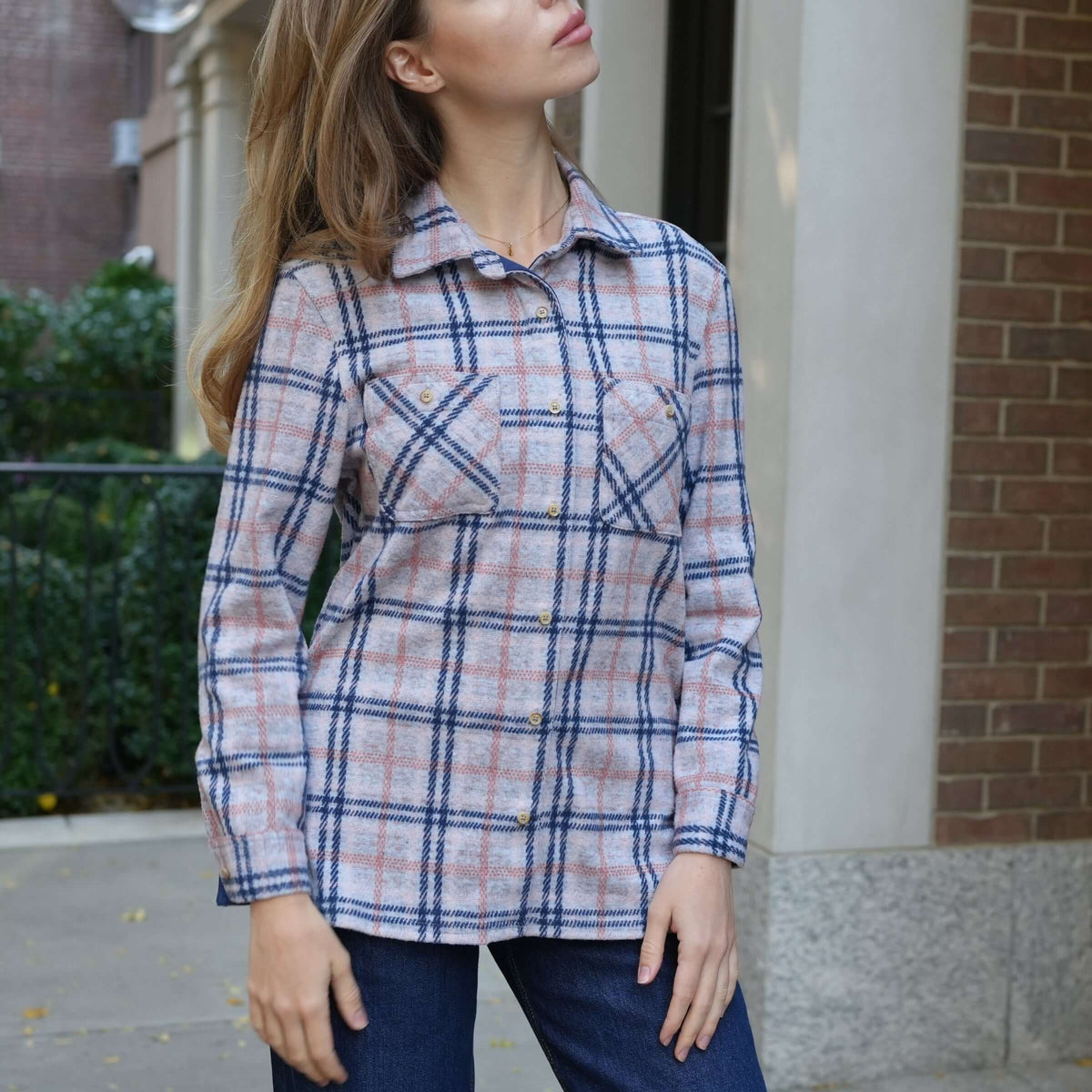 Women’s Adaptive Navy and Grey Flannel Shirt with Magnetic Closures